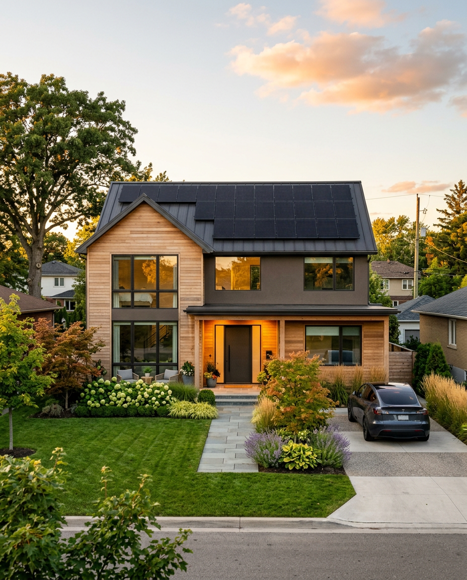 Modern home with black rooftop solar panels