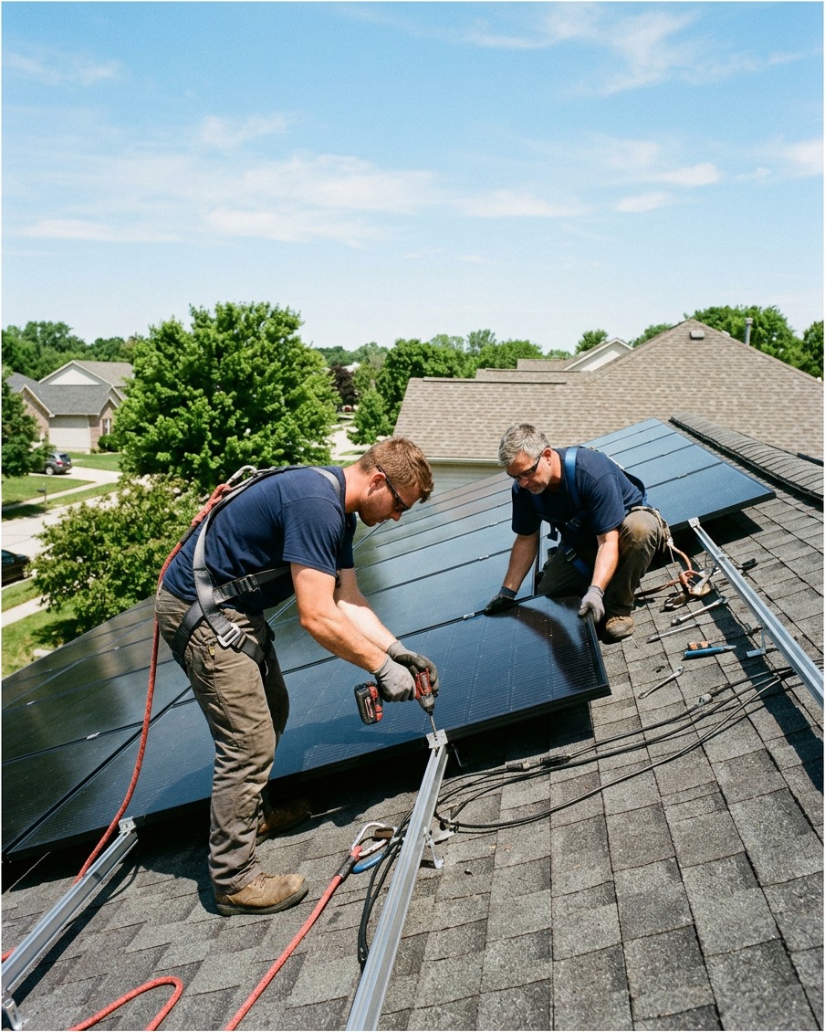 Solar professionals installing panels on a residential roof