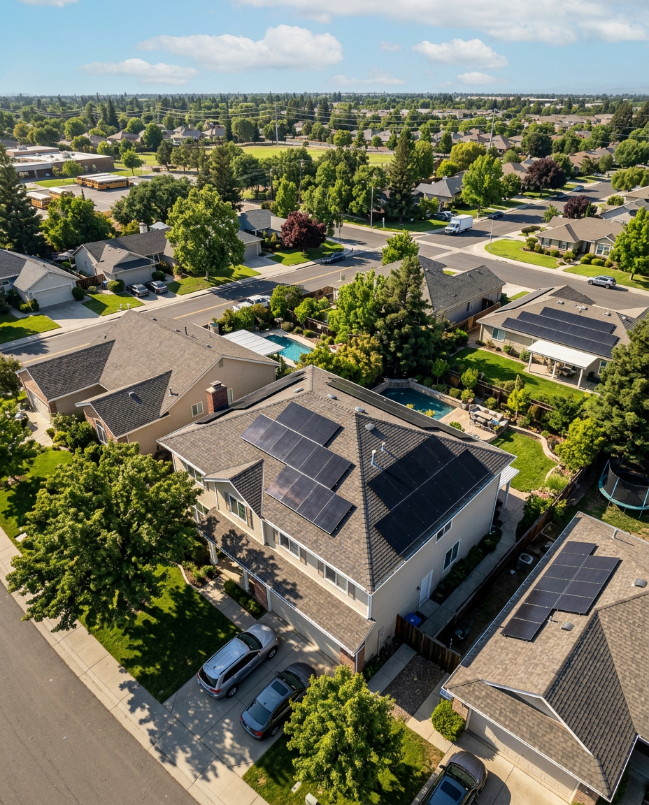 Commercial building with a broad rooftop solar array