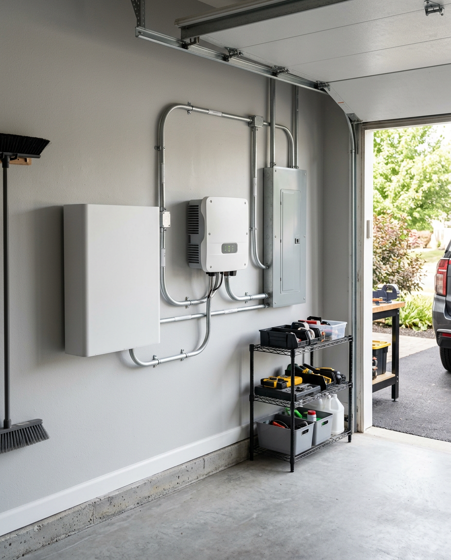 Home battery and solar inverter installed in a garage
