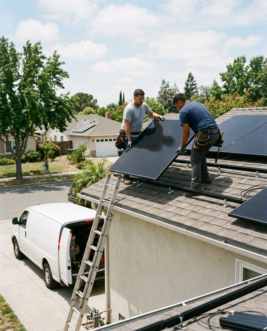 Solar professionals installing panels on a residential roof