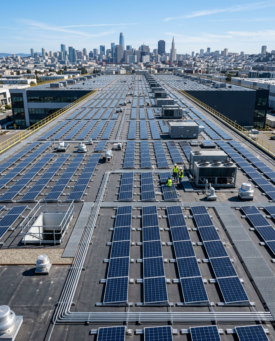 Large commercial building with a rooftop solar installation