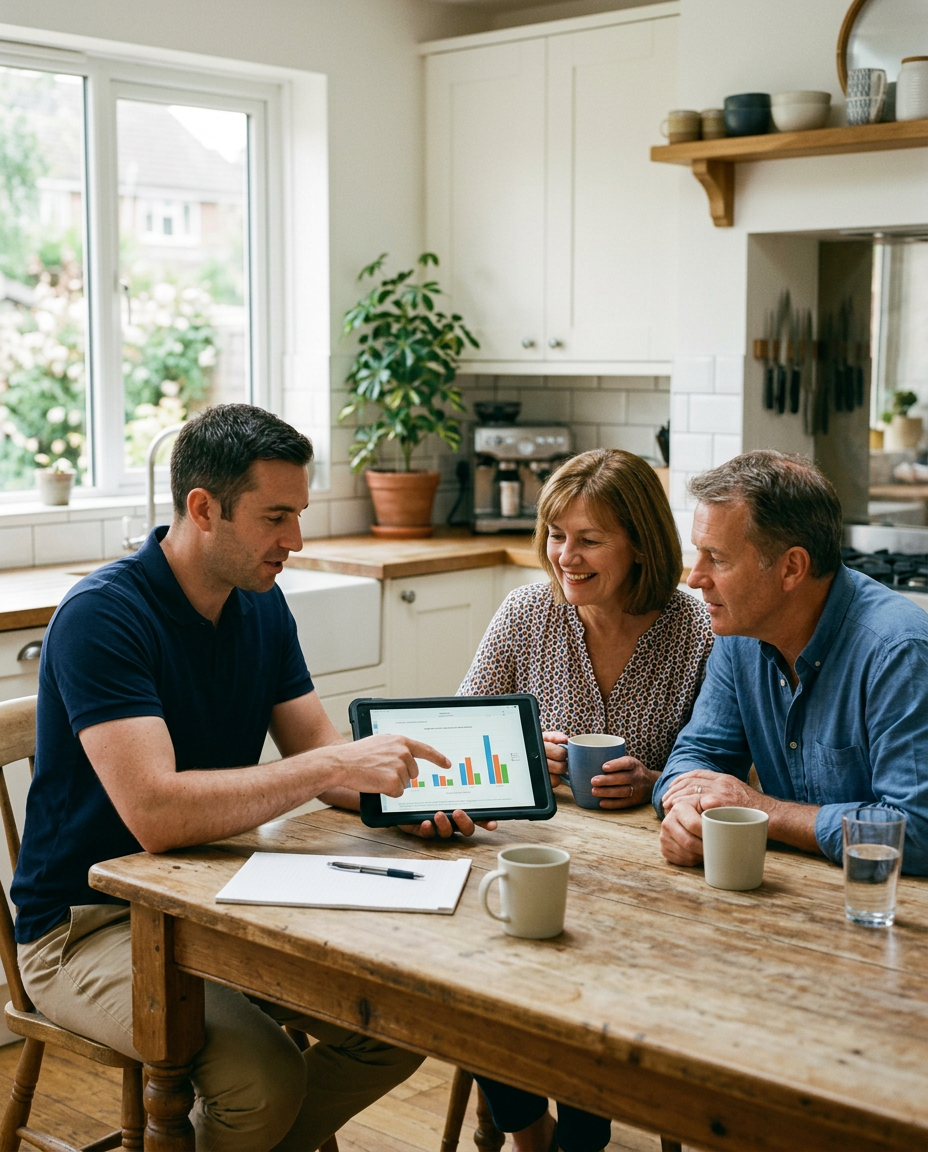 Solar consultant reviewing energy savings with homeowners